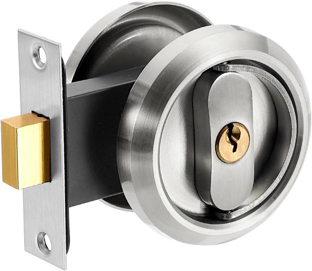 uxcell Round Recessed Door Lock, Stainless Steel Pocket Privacy Door Lock Latch with Key 2 1/6" Backset Hardware for 1-3/8" to 2" Door Panel Thickness, Silver