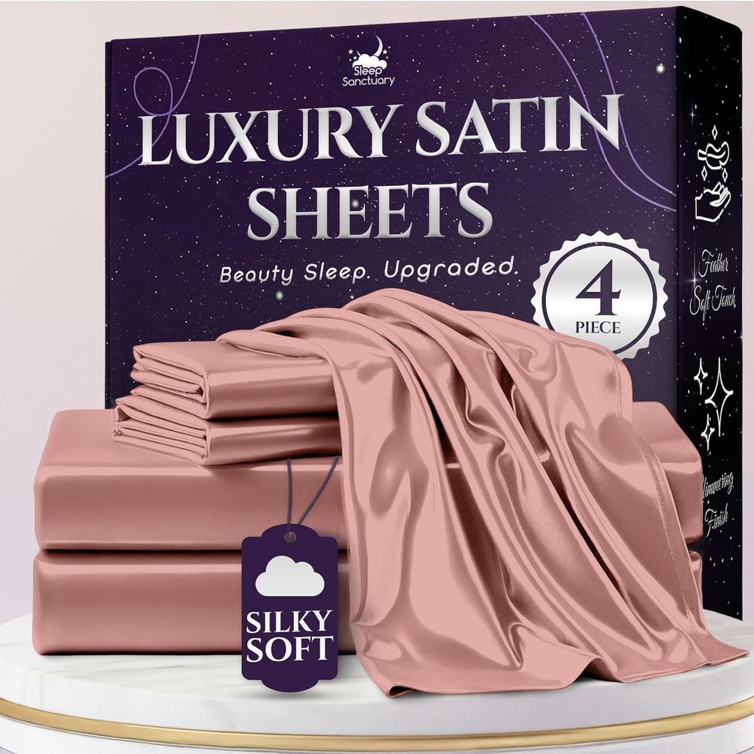 SLEEP SANCTUARY Satin Sheets Queen Size  4 Piece Luxury Silky Bed Set, Softer Than Silk, 15" Deep Pocket, Cooling & Wrinkle-Free, Moisture-Wicking & Breathable for Hair & Skin (Blush Pink)