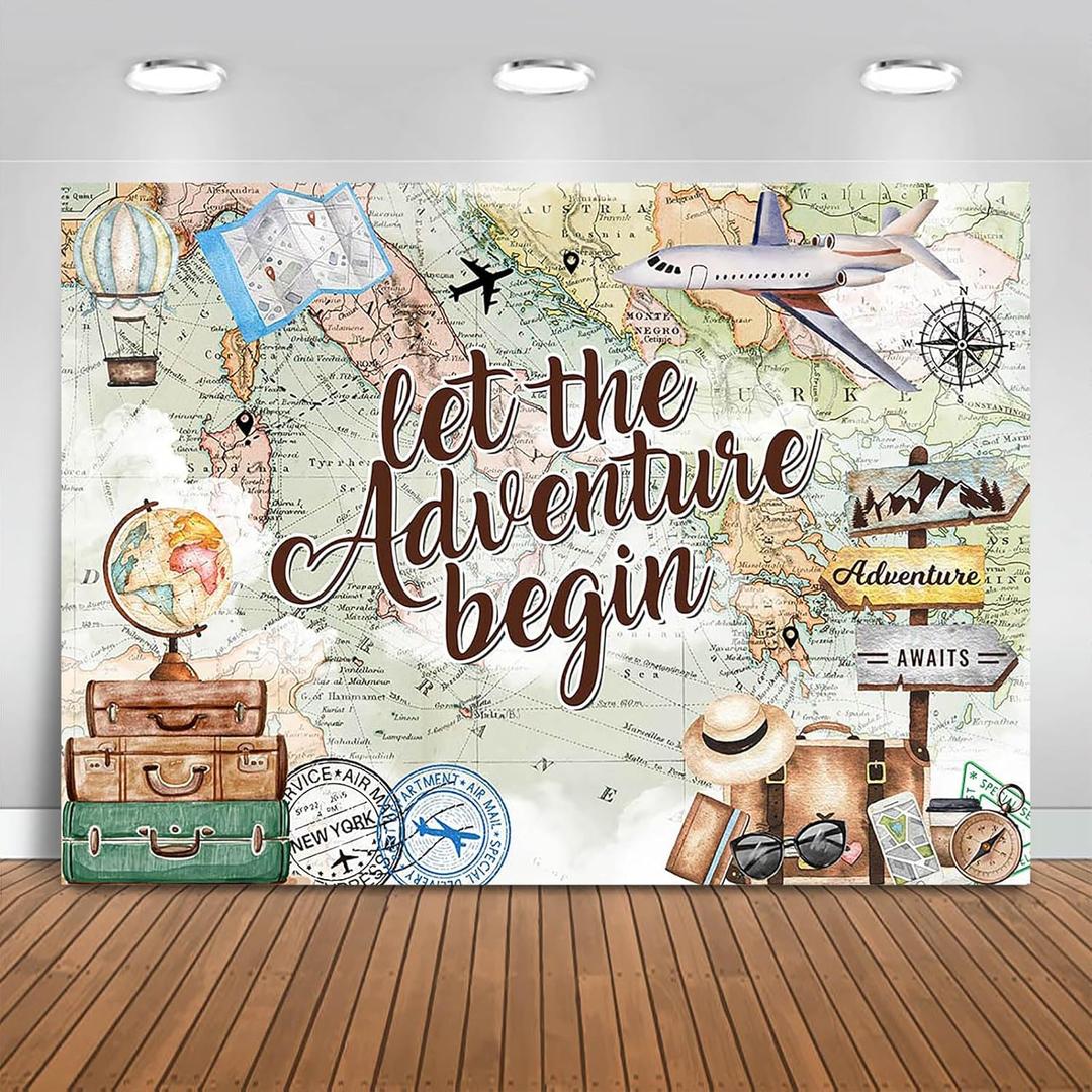 Adventure Awaits Backdrop 7x5ft Let The Adventure Begin Baby Shower Party Decorations Background World Map Travel Themed Banner Photo Booth Props
