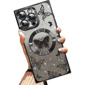 AIGOMARA Phone Case for iPhone 16 Pro Max [Compatible with MagSafe] Butterfly Design Glitter Bling Case Shockproof Scratch-Resistant Soft TPU Cover for Women - Black