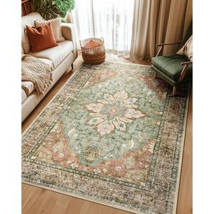 RELEANY Area Rugs 5'x7' Washable Non-Slip, Floral Vintage Distress Print Pattern Medallion Carpet for Living Room Bedroom Dining Room, Brick Red Rust Red Neutral