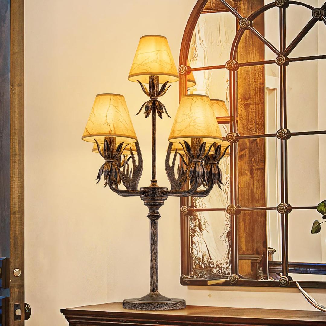 Wellmet Vintage Bronze Table Lamp, Farmhouse French Table Light, 5-Light Rustic Table Light, for Living Room, Bedroom, Hallway, Desk Reading Lamp for Bedroom, Home Office, Kids Room (E12 Base)