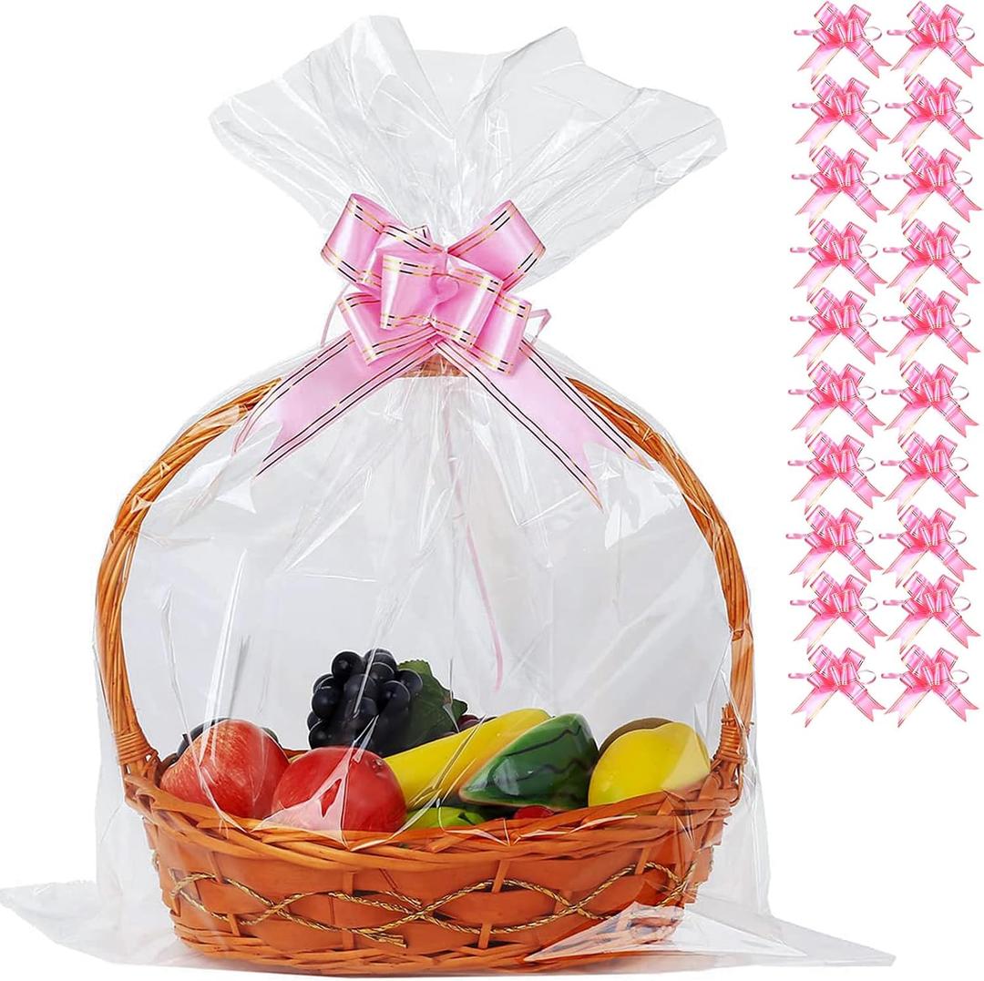 UltraOutlet 100 Packs Large Cellophane Bags 18" x 24" Clear Cellophane Gift Basket Wraps 2.3 Mil Thick Clear Cello Bags for Fruit Basket, Gift Wrap, Treats, Arts and Crafts, 100ct Ribbon Bows