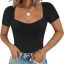 Chunpin Women's Sexy Square Neck Short Sleeve Bodysuit Double Lined Tops Thong Bodysuit Black S
