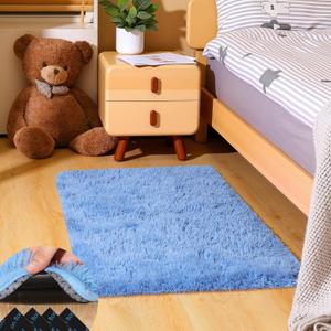 2x3 Blue Rugs for Bedroom Living Room, Fluffy Small Area Rug Soft Shag Carpet for Kids Boys and Girls Room with 4 Rugs Non-Slip Stickers Dorm Home Decor (2ft x 3ft)