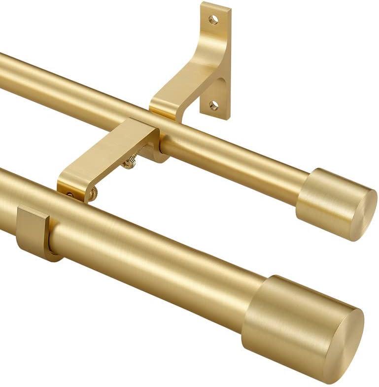 Double Curtain Rods for Windows 36-72", Brass Double Drapery Rod with Cap Finials, Adjustable 1 Inch Front and 5/8 Inch Back Dual Curtain Rod, Brass Double Rods Window Treatment Curtain Rods