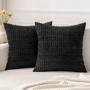 MIULEE Pack of 2 Corduroy Decorative Throw Pillow Covers 18x18 Inch Soft Boho Striped Pillow Covers Modern Farmhouse Home Decor for Sofa Living Room Couch Bed Black (18" x 18" (Pack of 2))