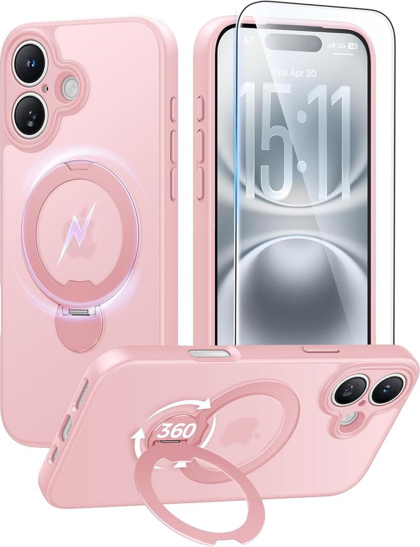 FNTCASE for iPhone 16 Plus Case: [360 Spin Magnetic Stand] [Compatible with Magsafe] [Screen Protector] Translucent Matte Military Grade Shockproof Full Camera Protective Phone Cover - Pink