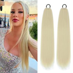 2 Packs Long Braided Ponytail Extensions with Hair Ties Natural Soft Synthetic Hair Piece for Black Women Straight Wrap Around Hair Extensions Ponytail (613, 24 Inch (Pack of 2))