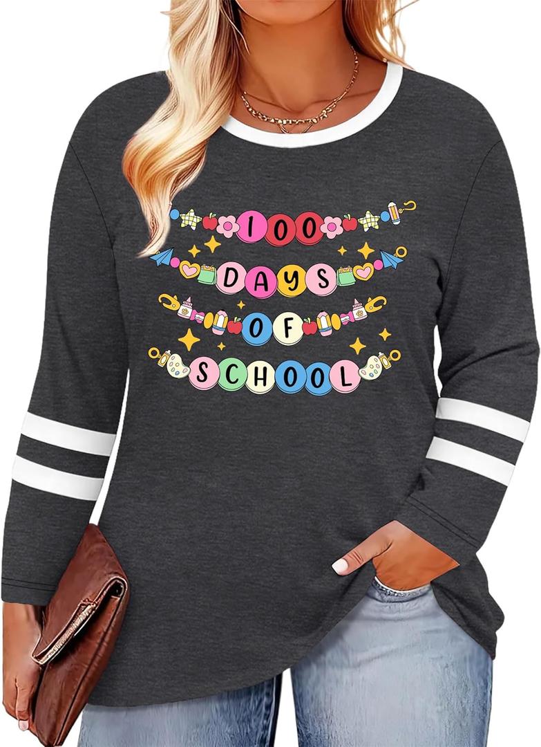 YI XIANG RAN Plus Size 100 Days of School Shirt Women Teacher Shirts 100 Days Gift Tees Casual Long Sleeve Tops (XL)
