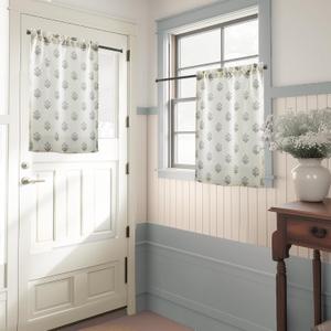 Short Door Curtains for Door Window,40 Inch Length Floral Patterned Linen Small Sheer Back Front Kitchen Door Curtains for Glass Window Inside House, 24"W x 40"L