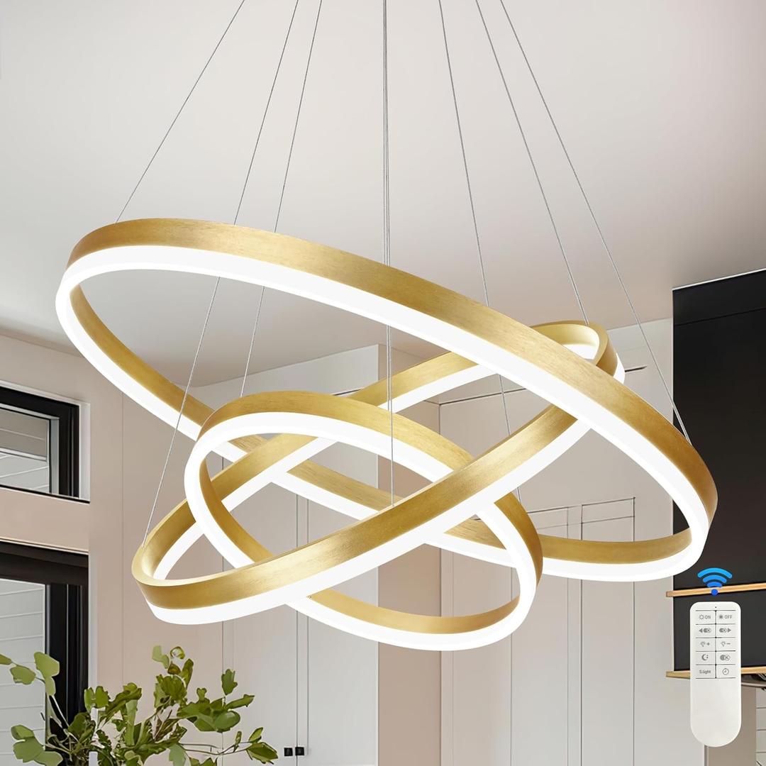 31.5" 3 Ring Modern Led Pendant Light Gold Modern Led Chandelier Contemporary Ring Chandeliers Dimmable Chandeliers Color Temperature Adjustable Height Hanging Chandelier for Living Room