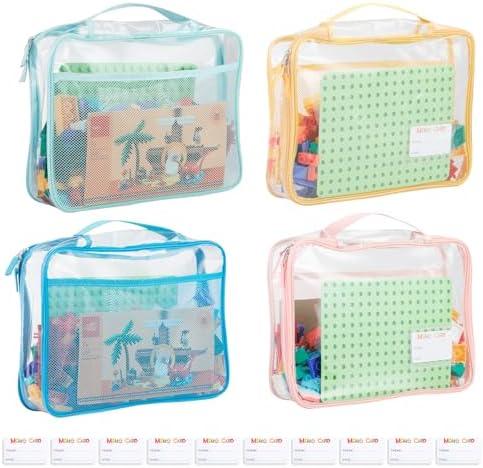4-Pack PVC Waterproof Toy Storage Bags（Label, 10 Memo Cards), Large 13.8" x 3.2" x 10" Clear Double Zipper Organizing Bags with Handle, Magnetic Tiles Blocks Board game Storage Organizer Case