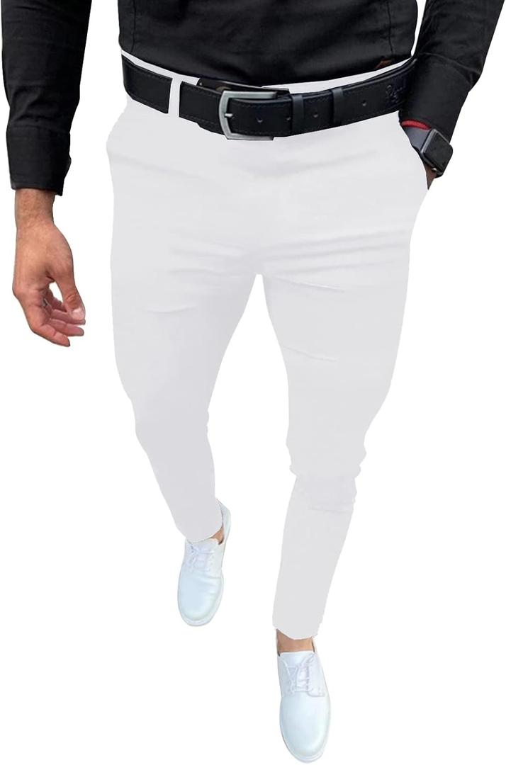Mens Fashion Slim Fit Dress Pants Casual Business Skinny Stretch Pants Golf Pants (Medium, White)