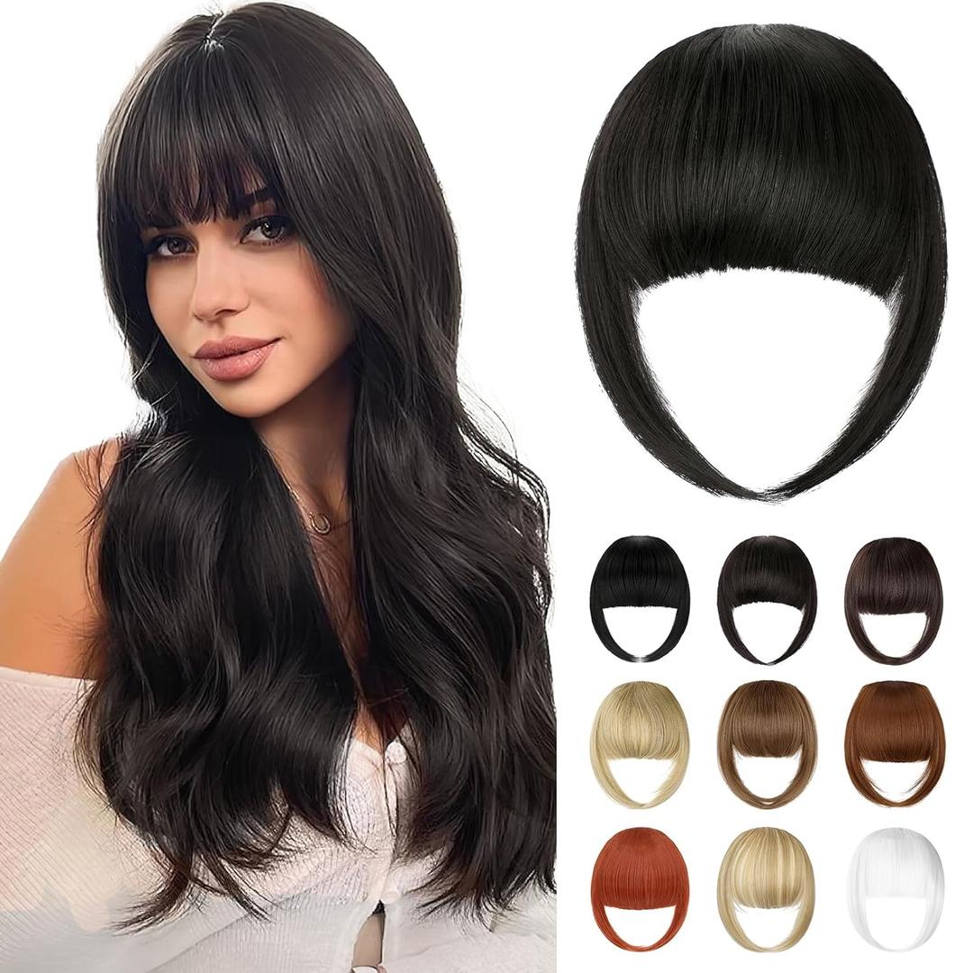 Bangs Hair Clip in Bangs, French Natural Black Fake Bangs Hair Clip on Bangs for Women Fringe with Temples Hairpieces Faux Bangs for Daily Wear