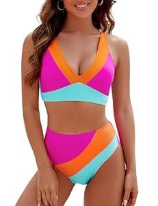 Blooming Jelly Womens High Waisted Bikini Athletic Two Piece Swimsuits Color Block Bathing Suit (Small, Hot Pink)