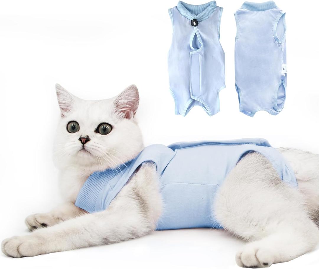 DOTON Cat Recovery Suit for Male and Female Surgical Post Surgery Soft Cone Onesie Shirt Clothes Neuter Licking Protective Diapers Outfit Cover Kitten Spay Collar(S, Blue)