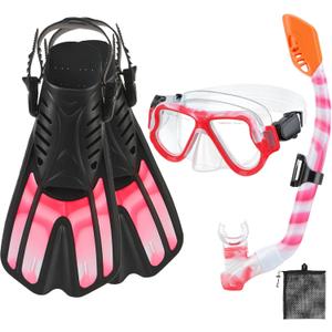 Snorkeling Gear for Kids Ages 3-14, 4 in 1 Mask Fins Snorkel Set with Panoramic View Anti Fog Mask, Dry Top Snorkel, Trek Fins and Travel Bag, Kids Snorkel Set for Snorkeling Swimming (Pink & Pink)