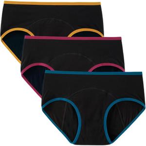 INNERSY Period Underwear for Women Teens Leak-Proof Menstrual Cotton Protective Hipster Panties 3-Pack (XX-Large, Light Flow (Contrasting Black))