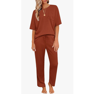 JiniGolla Womens Lounge Sets Waffle Knit Pajamas Short Sleeve Shirt Top and Long Pants PJ Sleepwear Caramel, Medium