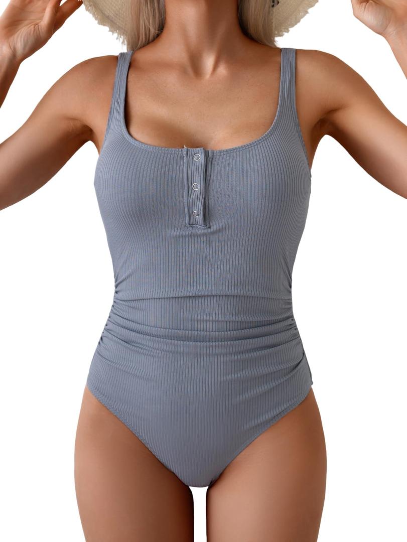 B2prity One Piece Swimsuit for Women Tummy Control Ruched Slimming Bathing Suit Button Full Coverage Swimwear Small
