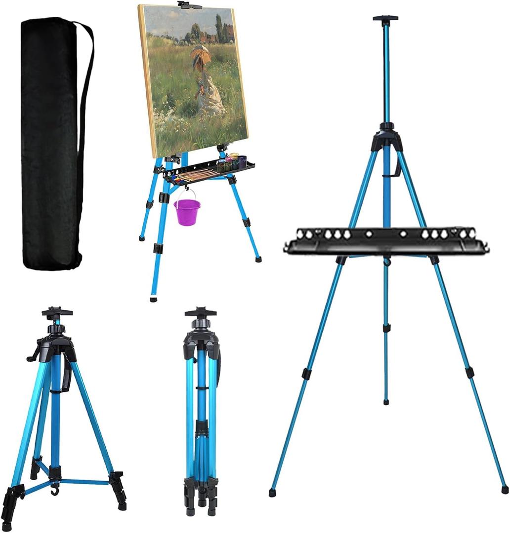 Art Easel Aluminum Alloy Portable Extendable Easel with Hand Crank Adjustable to 61.8 '' Drawing Board Holder, Compass, Level and Storage Bag -for Artists, Painters, Sketching, Outdoor Painting