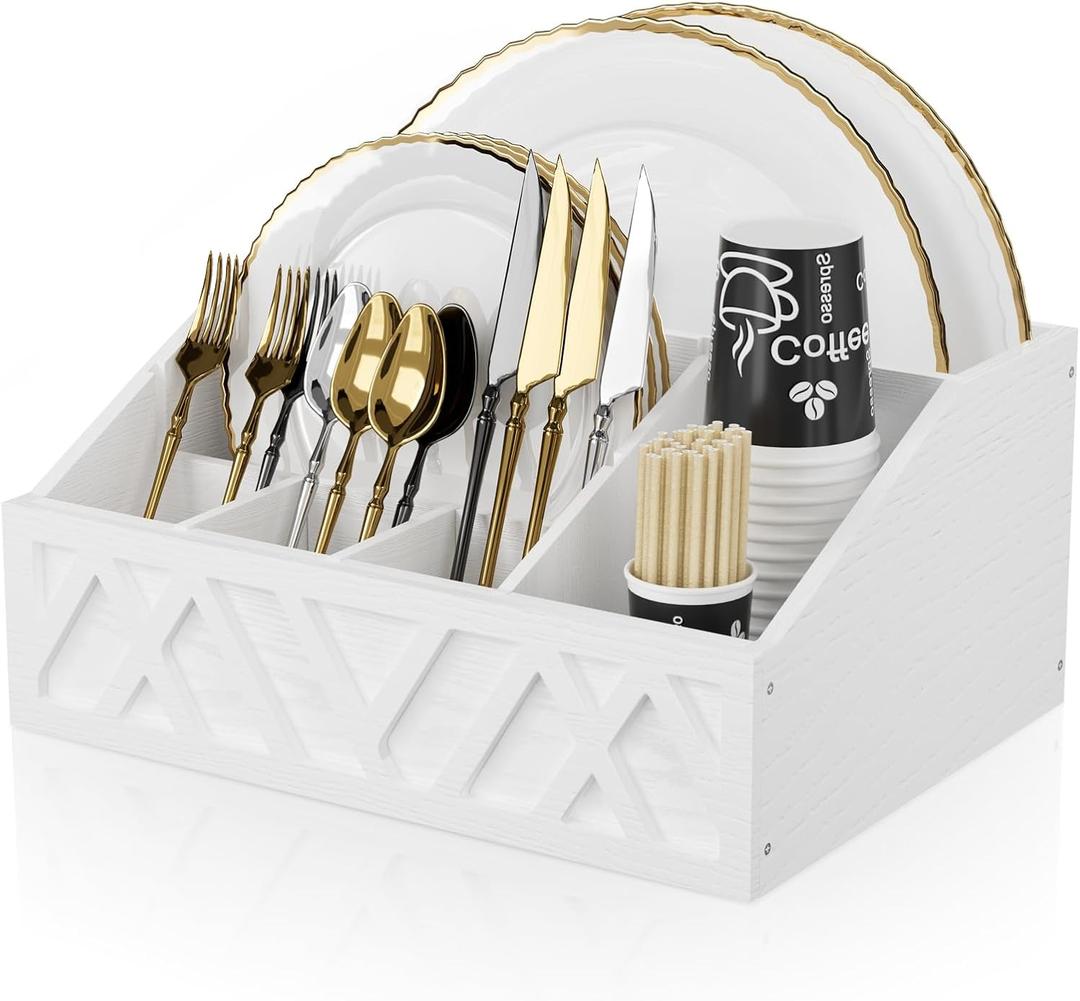 Wooden Paper Plate Caddy Organizer for Countertop, Rustic Paper Plate Dispenser and Holder, Silverware Utensil Caddy for Party with 6 Detachable Compartments for Plate, Cup, Fork, Spoon(White)