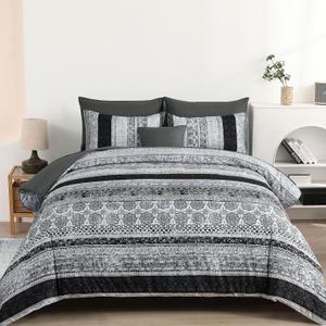 Boho Queen Size Comforter Set 8 Pieces,Gray Bohemian Striped Bed in a Bag,Floral Soft Microfiber Bedding Comforter Set