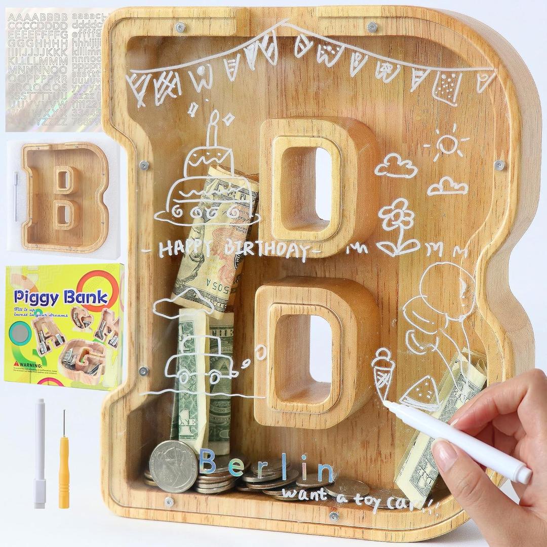 Large Letter Piggy Bank for Kids Boys Girls Wooden Personalized Piggy Banks A-Z with Target Area Clear Alphabet Banknote Coin Banks for Gift Decoration Baptism (B)