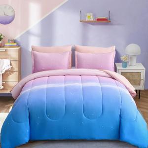 Dinjoy Girls Comforter Set Queen Size Colorful Rainbow Ombre Pink Blue Bedding, Comforter Only