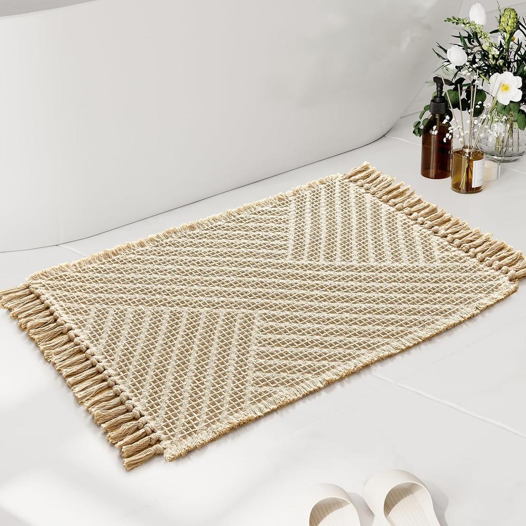 H.VERSAILTEX Waffle Bath Mat Super Absorbent Boho Bath Mat Non Slip Bath Rugs for Bathroom Floor Machine Washable Dry Fast Bathroom Rugs with Tassels, 24" x 36", Sand