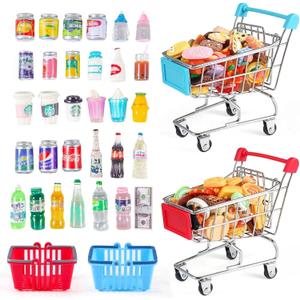 134pcs Mini Shopping Cart Basket Miniature Food Drink Bottle Supermarket Metal Handcart Toys Doll House Store Cosplay Game Dollhouse Grocery Fruit Cake Bread Party Trolley Model Dollar Bills