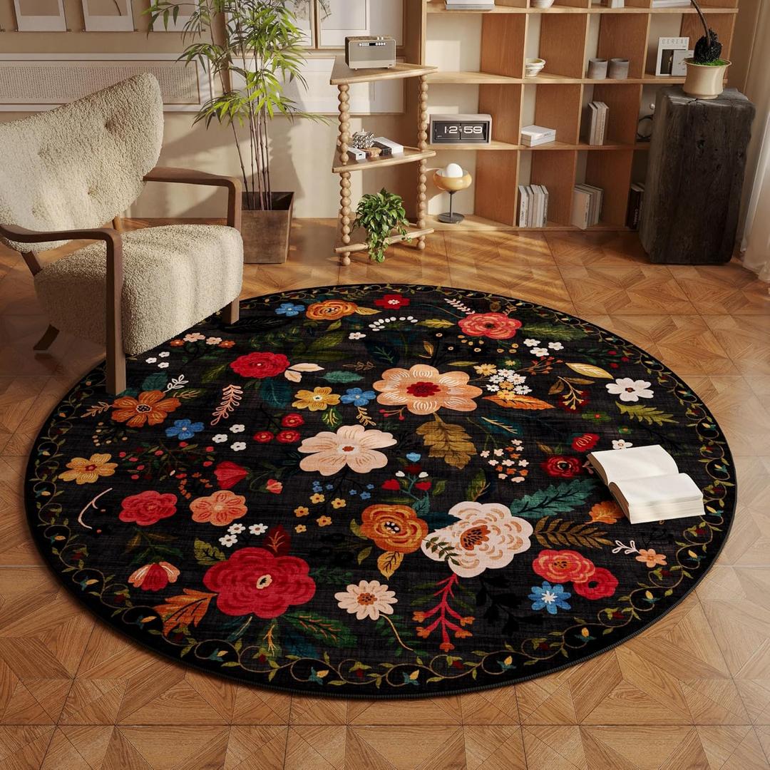 Rugcomf Round Rug 4ft Washable Circle Rug Non Slip Low Pile Boho Floral Small Circular Rug for Bedroom, Bathroom, Entryway, Kids Room, Office, College Dorm(Black)