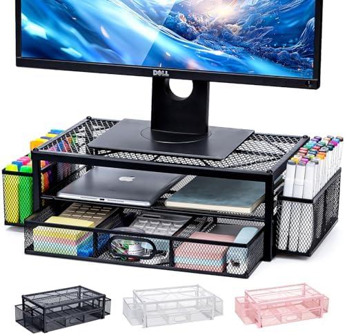 NCXTKJ 2-Tier Monitor Stand for Desk, Metal Computer Monitor Riser with Drawer and 2 Pen Holders, Laptop Riser Mesh Desk Organizer for Home Office Supplies Desktop Accessories, Black