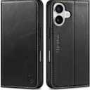 SHIELDON Case for iPhone 16 6.1" 2024, Genuine Leather Flip Wallet Case Magnetic RFID Blocking Card Holder Kickstand Shockproof TPU Protective Phone Cover Compatible with iPhone 16 - Retro Black