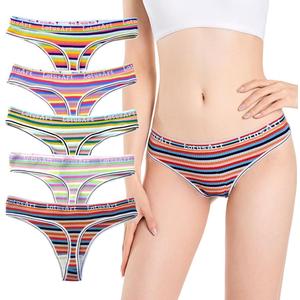 5-Pack Women's Colorful Striped Thong Underwear - Breathable Sports Bikini T-Back Panties (Large)