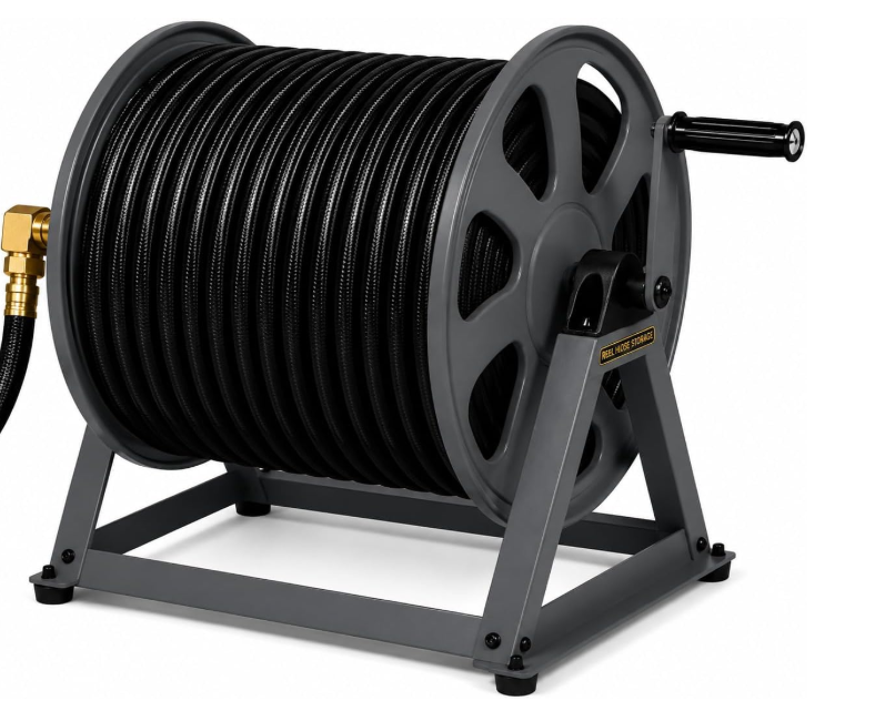 Dual Floor and Wall Mounted Garden Hose Reel, Holds 200ft of Water Hose, Heavy Duty Metal Hose Reel, Space Saving Hose Reel Organizer for Yard, Garage & Shed (Graphite)