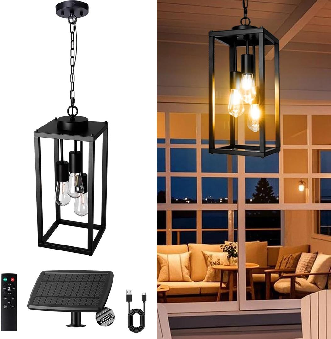 TWINKVILLA Solar Chandelier Outdoor, 3-Light 14" Rustic Farmhouse Waterproof Dimmable Hanging Pendant Lights for Gazebo, Pergola, Canopy, Porch, Patio Decor