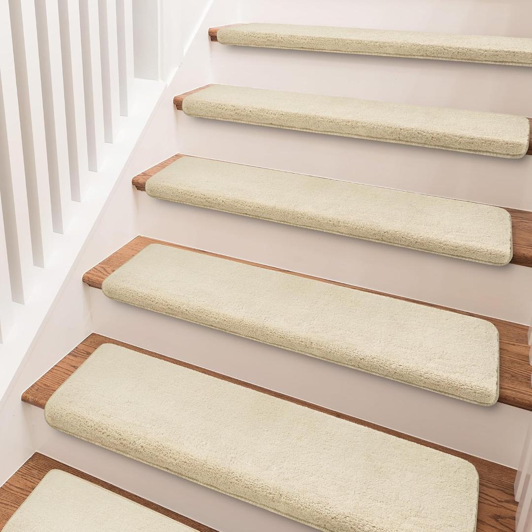 PURE ERA Bullnose Carpet Stair Treads Ultra Plush Beige 2 Pcs | 30x9.5 Inch Self Adhesive Non Slip Soft Stair Carpet for Wooden Step Indoor, Reduce Noise for Stairs, Washable and Reusable