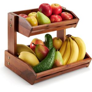 HOLANA Acacia 2 Tier Fruit Basket for Kitchen Counter Organizer  Wooden Fruit Bowl & Wooden Basket for Kitchen Counter Storage, Vegetable & Produce Storage, Snack Organizer for Countertop (Acacia)