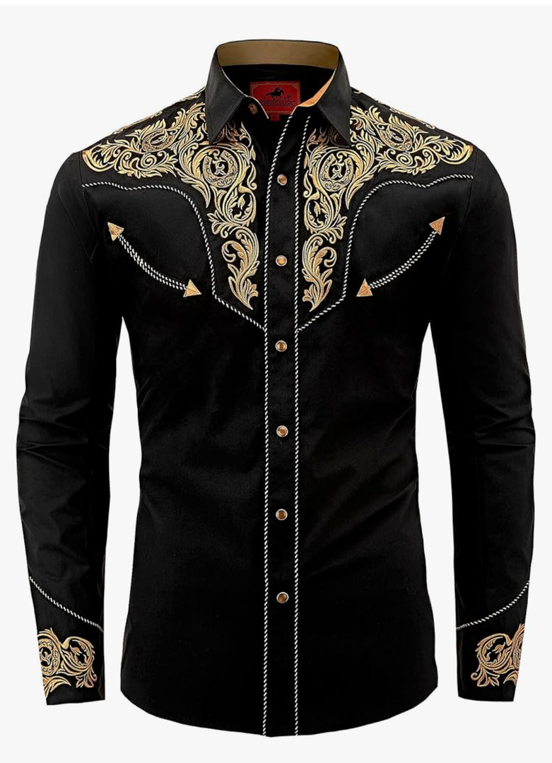 Men's Western Cowboy Shirt Embroidered Long Sleeve Casual Button Down Shirt (XL)