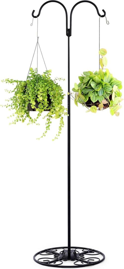 Blulu 34-55 Inch Adjustable Black Iron Shepherd Hook with Base Indoor Outdoor Bird Feeder Stand Wind Chime Stand Hanging Plant Flower Basket for Garden Plants Weddings Event Home Artsy Decor