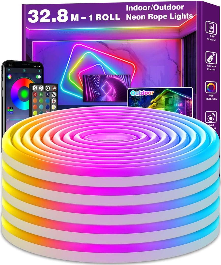 AILBTON 32.8Ft Neon Rope Lights,Flexible Led Rope Lights Control with App/Remote,Multiple Modes Rope Lights,IP65 Outdoor RGB Led Neons Lights,Music Sync Gaming Led Neon Light Strip for Bedroom Decor