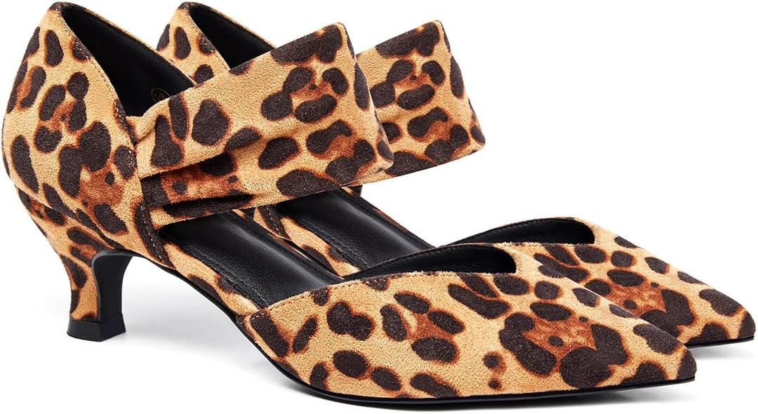 Coutgo Womens Low Kitten Heel Dress Shoes Pointed Toe Slip on Ankle Strap Cutout Elegant Party Wedding Pumps (9, Leopard)