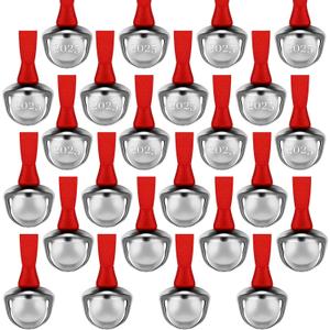 Bencailor 24 Pcs 2025 Christmas Believe Bells 1.5 Inch Silver Ornament for Christmas Tree Xmas Polar Jingle Bell Mini Metal Hanging Sleigh Ornament with Ribbon for Xmas Tree Wreath Crafts Gifts