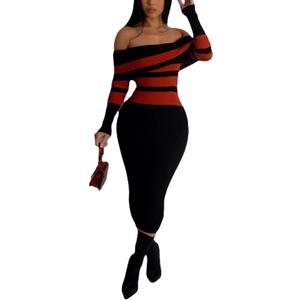 Women's Casual Sexy Off Shoulder Slim Knitted Long Sleeved Striped Maxi Party Dresses (S)