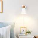 White Plug in Wall Sconces Set of 2, Modern Wall Light with Plug in Cord, Wooden Plug in Sconce with Hammered Metal Shade, Corded Wall Sconce Light Wall Lamp for Bedroom, Living Room, Hallway
