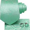 Dubulle Mens Paisley Striped Tie WOVEN Necktie for Men and Handkerchief Cufflinks Set Wedding Formal Business (B Mint Green)