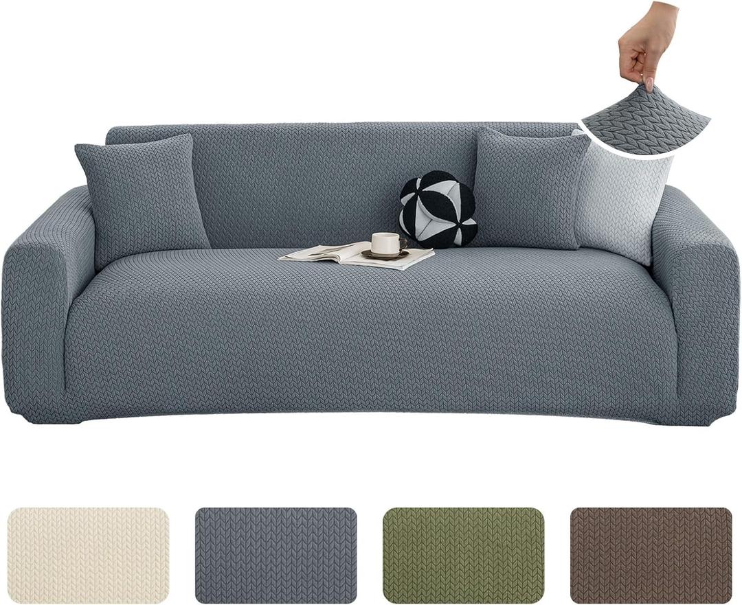 Stretch Couch Covers, Couch Covers for 3 Cushion Couch Sofa pet Friendly, Washable, Furniture Protector Sofa with Elastic Bottom for Cats, Dogs (Wheat Pattern - Dark Gray, 3 Seats)