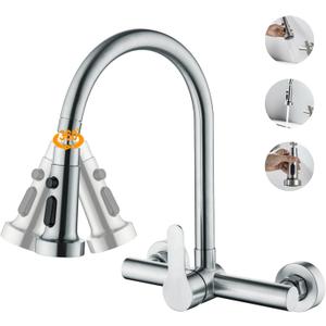 LIWEIKE Wall Mounted Kitchen Faucet with Sprayer 360 Degree Swivel Wall Mount Kitchen Faucets 8 Inch Center Single Handle Commercial Sink Faucet,Bruhsed Nickel